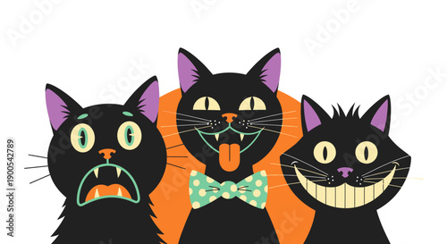 Three cartoon black cats with exaggerated expressions and purple ears against an orange circle.