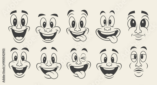 A collection of ten cartoon faces with various exaggerated expressions, including smiles, winks, and sticking out tongues.
