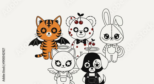 A charming collection of five kawaii-style cartoon animals, including a tiger, bear, bunny, cat, and dog, each with unique angelic or demonic features.