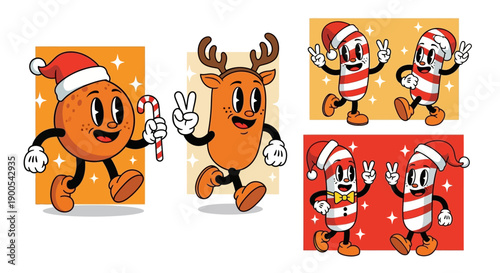 Retro cartoon characters dressed for Christmas, including an orange with a Santa hat and a reindeer, and two pairs of candy canes.