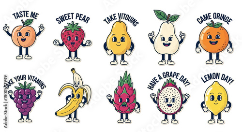 A collection of cute, cartoon-style fruits with arms and legs, each holding a sign with a pun or health-related message.
