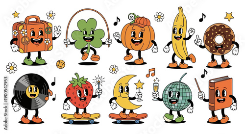 A collection of retro-style cartoon characters featuring a suitcase, shamrock, pumpkin, banana, donut, vinyl record, strawberry, moon, disco ball, and book, all with expressive faces and limbs.
