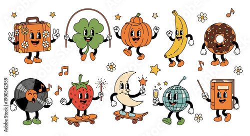 A collection of retro cartoon characters featuring a suitcase, clover, pumpkin, banana, donut, vinyl record, strawberry, moon, disco ball, and book.