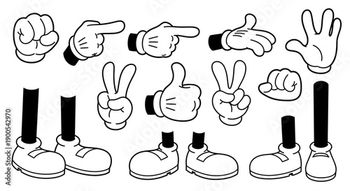 A collection of cartoon-style hands and feet, including fists, pointing fingers, thumbs-up, peace signs, and cartoon shoes.