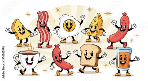 A vibrant and whimsical illustration of anthropomorphic breakfast food items dancing and celebrating together.