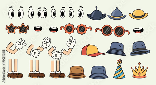 A collection of cartoon character elements including eyes, mouths, hands, feet, hats, and accessories for animation or design.