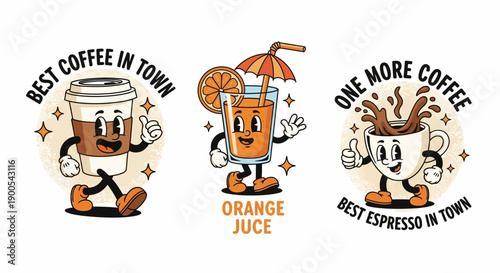 Retro cartoon characters of a coffee cup, orange juice, and espresso cup giving thumbs up.