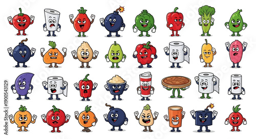 A vibrant collection of cartoon characters representing various fruits, vegetables, and food items, each with unique facial expressions and poses.