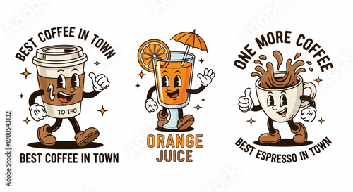 Three cartoon characters representing coffee and orange juice, with retro animation style, holding signs and giving thumbs up.