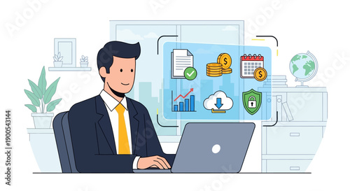 A businessman working on a laptop with a digital interface displaying business-related icons and charts.