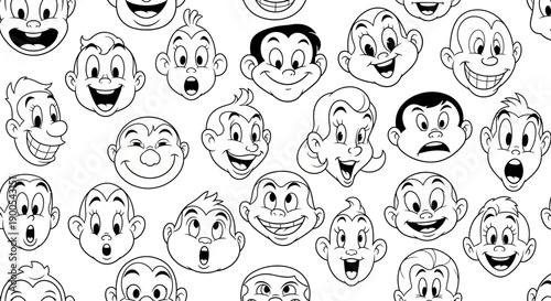 A collection of cartoon faces with various expressions, rendered in black and white line art.