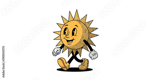 A vintage cartoon sun character with a smiling face and arms and legs walking.
