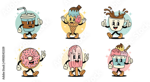 A collection of six cartoon characters representing various sweet treats and beverages, each with a unique personality and expression.