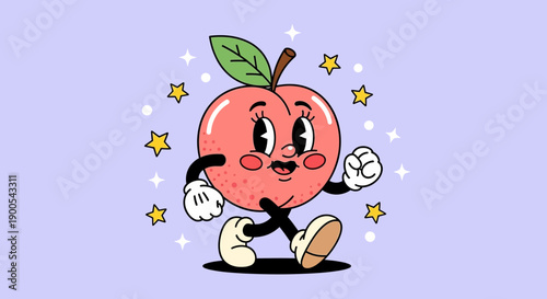 A vintage cartoon peach character with eyes, arms, and legs, walking with a cheerful expression surrounded by stars.