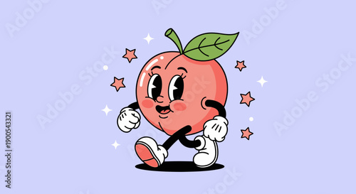 A vintage cartoon peach character with a smiling face and rosy cheeks walking with stars.