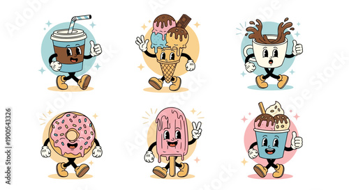 A collection of six cartoon characters representing various sweet treats and beverages, each with a unique personality and pose.