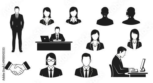 A collection of business-related icons depicting professionals in various work scenarios, including meetings, office work, and handshakes.