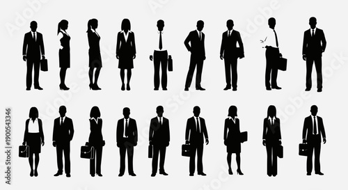 Collection of diverse business people silhouettes in various poses and attire, representing a professional workforce.