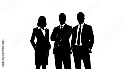 Three business professionals, two men and one woman, stand in silhouette against a white background.