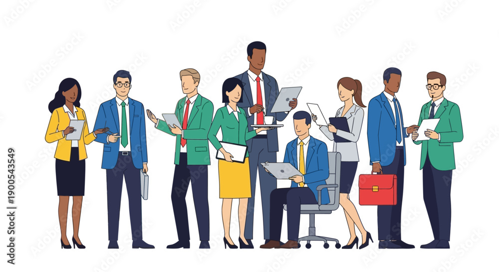 Fototapeta premium A diverse group of professionals in business attire standing and sitting with documents and laptops.
