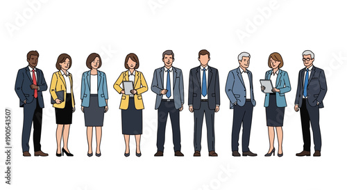 A diverse group of nine professionals, men and women of various ages and ethnicities, stand in a line against a white background, dressed in business attire.