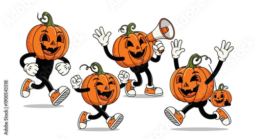 A group of happy, cartoon-style pumpkins with arms and legs are joyfully running and celebrating, one holding a megaphone.