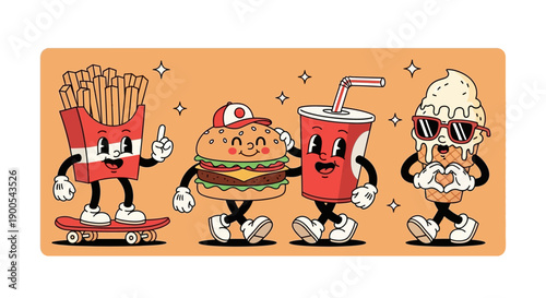 Retro cartoon characters of french fries, a hamburger, a soda cup, and an ice cream cone enjoying themselves.