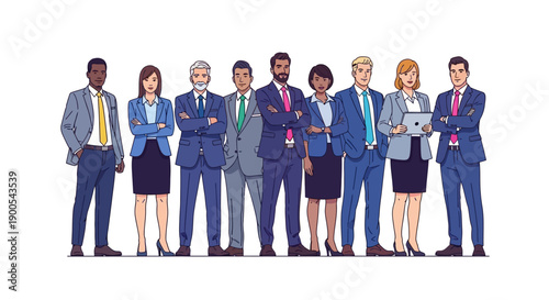 A diverse group of nine business professionals, men and women, stand confidently in a line, dressed in formal business attire.