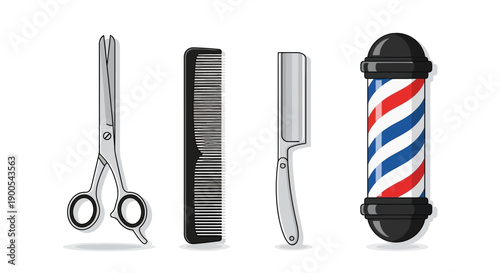 Barber tools set with scissors, comb, razor, and pole illustration