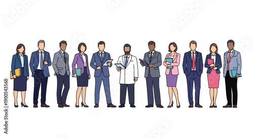 A diverse group of professionals, including doctors and business people, standing in a line against a white background.