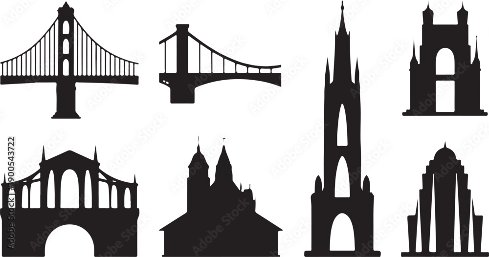 Obraz premium Collection of black architectural silhouettes on white background