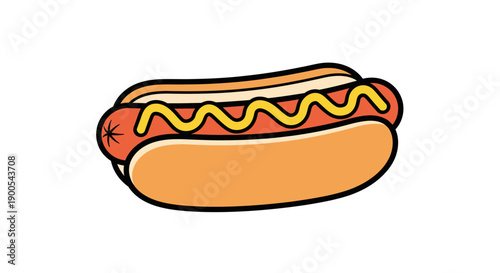 A delicious hot dog with mustard in a bun, presented in a simple, clean illustration style.