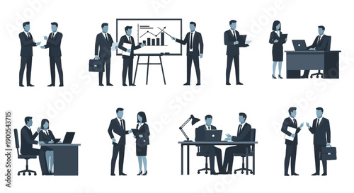 Collection of business people in various professional settings, including meetings, presentations, and discussions.