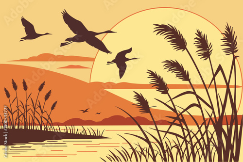 Serene sunset over a marshland with graceful migratory birds in flight