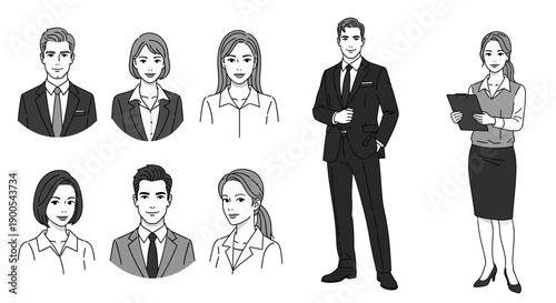 Collection of professional business people, including headshots and full-body figures, depicted in a clean, illustrative style.