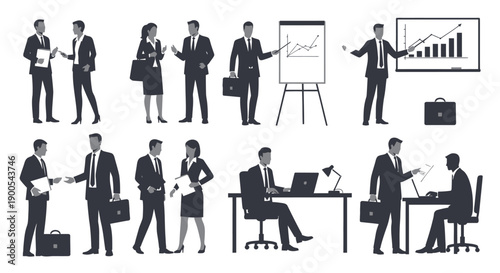 Collection of business professionals in various work-related scenarios, including meetings, presentations, and office tasks.