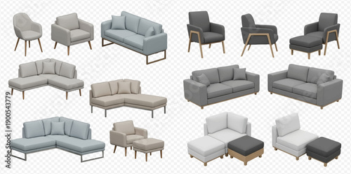 Collection of various modern sofas, armchairs, and lounge chairs in different styles and colors, isolated on a transparent background.
