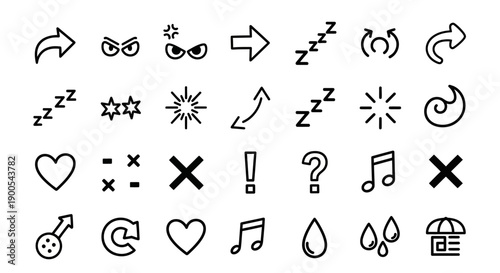 A collection of various line art icons including arrows, eyes, sleep symbols, hearts, musical notes, and other common symbols.