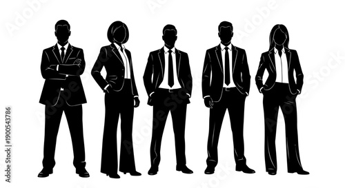 Silhouettes of five business professionals standing confidently in formal attire against a white background.