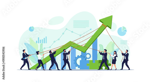 A diverse team of business professionals collaboratively pulling ropes to raise a green upward trending arrow graph, symbolizing growth and success.
