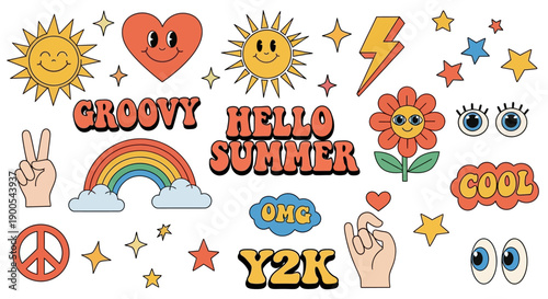 Colorful collection of retro Y2K and groovy aesthetic stickers featuring smiling suns, hearts, rainbows, peace signs, and positive text.