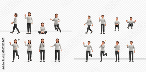 Set of 3D rendered cartoon character woman in various poses, expressions, and actions for diverse design needs.