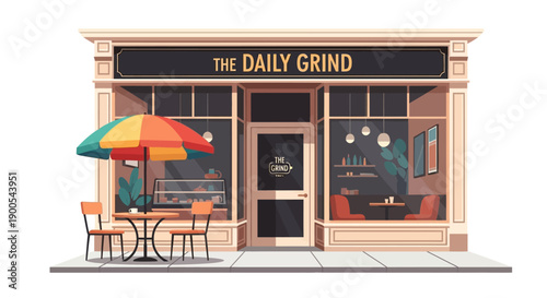 Charming Coffee Shop Exterior with Colorful Patio Umbrella