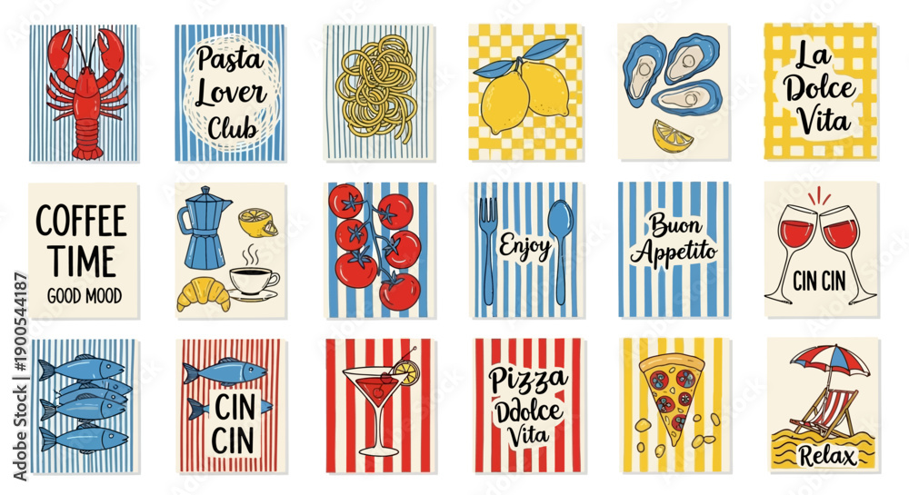 Fototapeta premium A collection of 18 colorful, hand-drawn illustrations featuring various food and drink items, Italian phrases, and leisure themes on striped backgrounds, perfect for postcards or kitchen decor.
