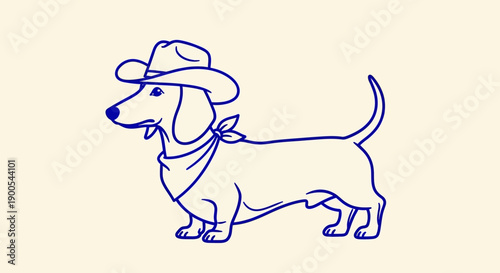 A blue line art drawing of a dachshund dog wearing a cowboy hat and a bandana, depicted in profile on a light background.