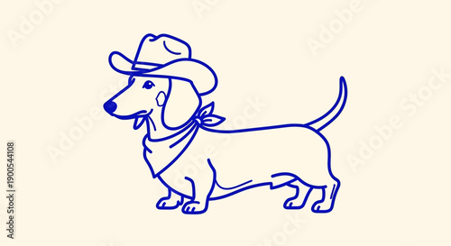 A blue line drawing of a dachshund dog wearing a cowboy hat and a bandana on a light background.