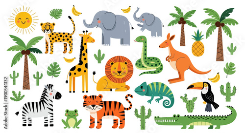 A vibrant collection of cartoon safari and jungle animals with tropical plants and a smiling sun on a white background.