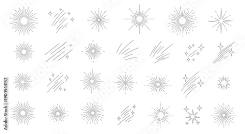A collection of 30 stylized starburst and shooting star graphic elements in various sizes and line weights.