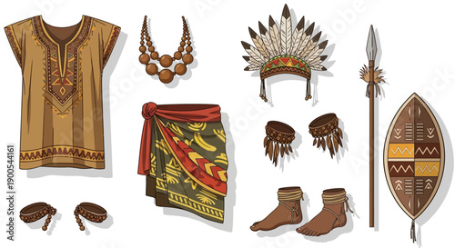 Traditional African Tribal Clothing and Accessories Illustration Set
