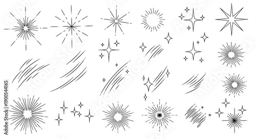 A collection of hand-drawn line art elements featuring sparkles, stars, sunbursts, and speed lines, perfect for graphic design projects.